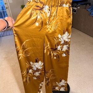 Express Mustard Floral Satin Wide-Leg Pants